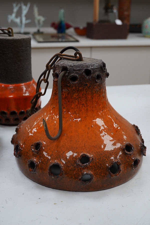 A set of three 1970s Danish pottery brown and orange glazed pendant lights and two other larger similar pottery lights, 19cm high (5). Condition - good